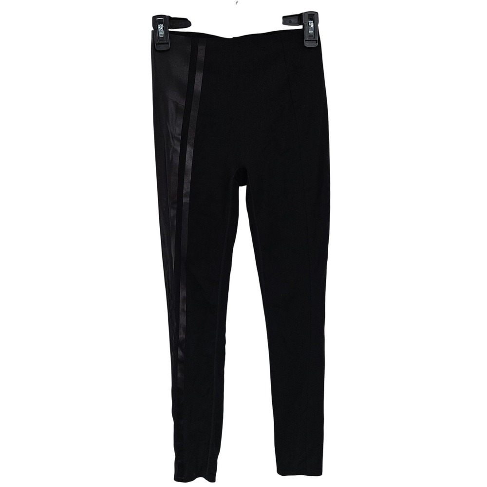 Spanx Leggings Womens XS Black Ponte Faux Leather Stripe High Rise Stretch Pants